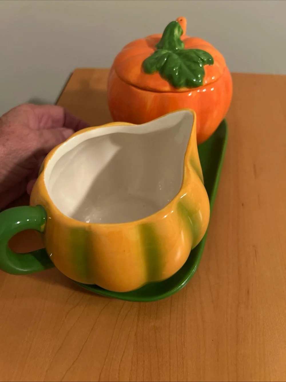 Festive Pumpkin Sugar Bowl and Creamer Set - Orange & Green